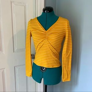 3/4 Sleeve, Striped, Mustard Color, Top w/ ruched fabric around Chest!